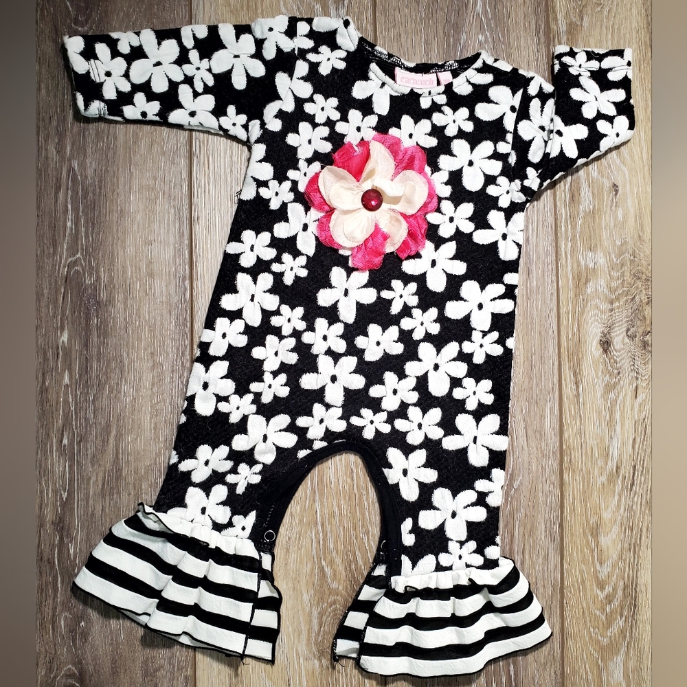 Floral Print Black and White Baby Romper Striped Ruffle Trim Size 3M